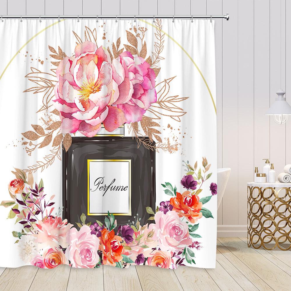 Pink Perfume Fashion Shower Curtains Cosmetics High-heels Dress Floral Bathroom Decorations Girl Vintage Bath Curtain with Hooks