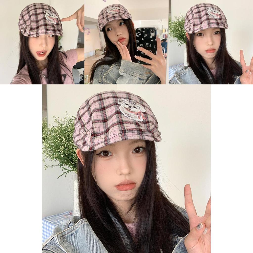 Reverse Fashionable Beret Hat For Women In Pink Plaid Perfect For Casual Outings