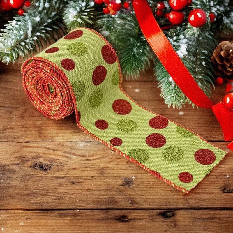 5Yards Round Dot Burlap Ribbon With Wire Edges For Christmas Tree Decorations Crafts Gift Wrapping