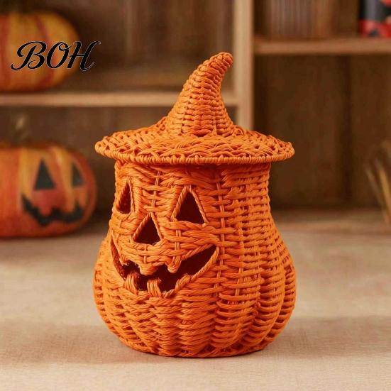 Halloween Mantel Decoratie Pompoen Lantaarn Tafelblad Decor, Geweven Heksenhoed Snoepschaal & LED Prop, Gotisch Herfst Centerpiece voor Huisplank (Elektronisch