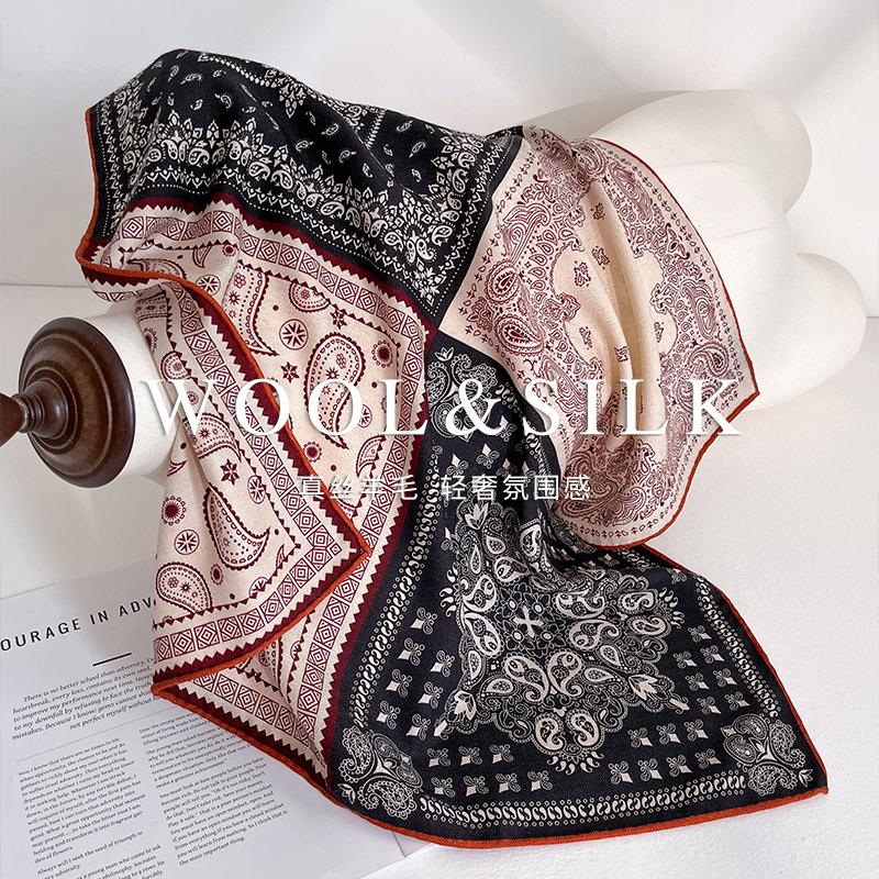 Fashion versatile silk wool silk scarf women's autumn and winter new 65cm double-sided printing high-end square scarf silk wool scarf