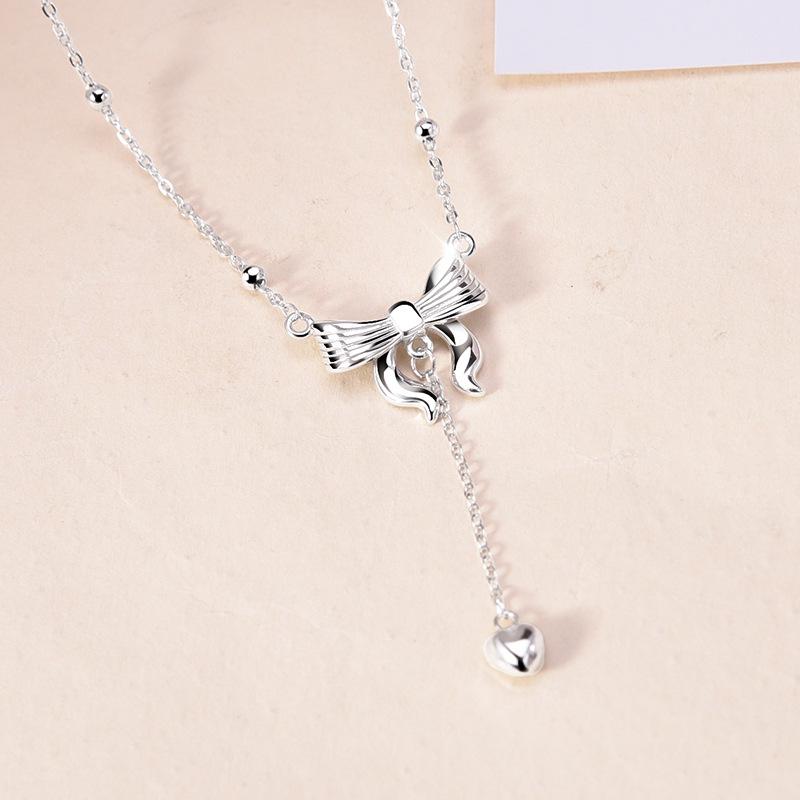 Original Design S925 Sterling Silver Bow Tassel Necklace for Women - High-End 2025 Style Clavicle Chain Accessory