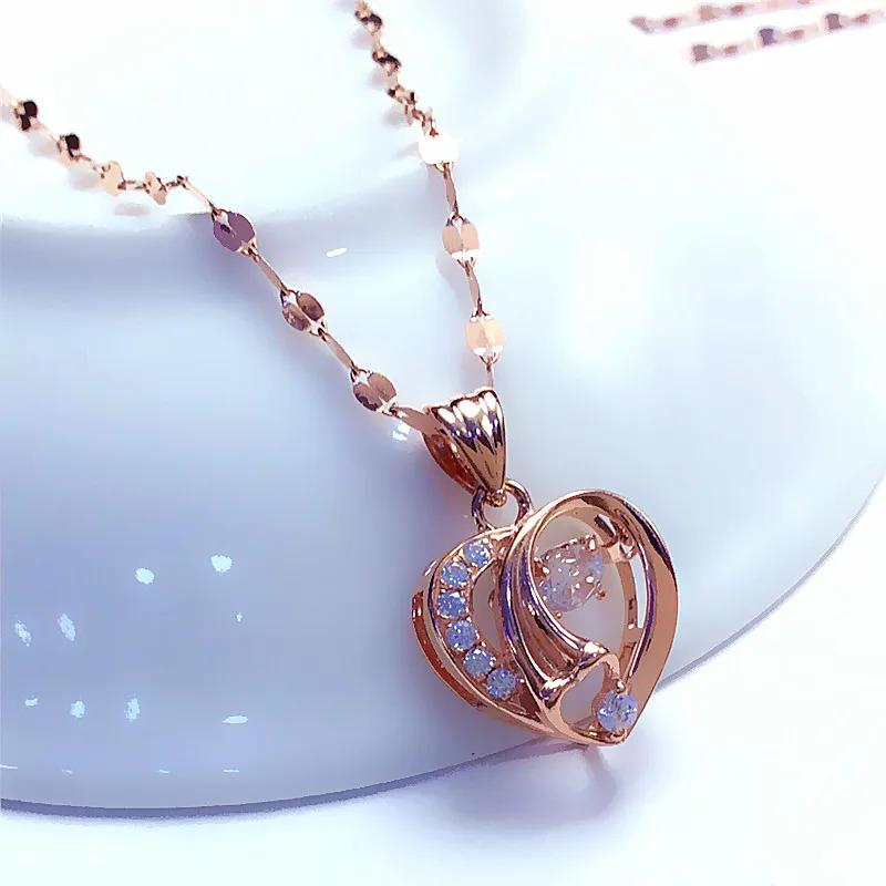 Purple Gold Inlaid Crystal Hollow Heart Neckalce For Woman Plated 14K Rose Gold Pendant Fashion Sweet Engagement Jewelry