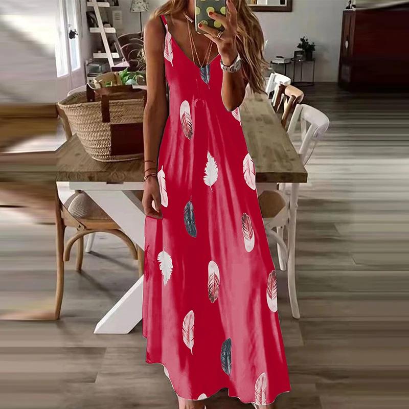 All-Season Chic Feather Print Maxi Dress Casual V-Neck Comfort Stretch Easy Care