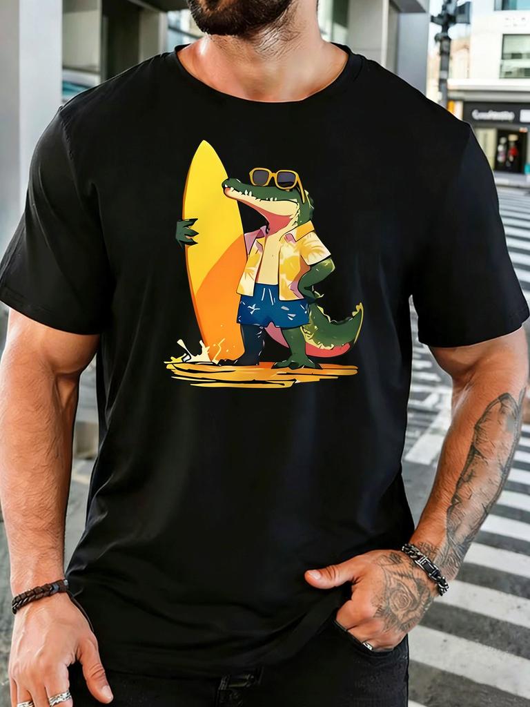 Unisex Short Sleeve T Shirt Surfing Crocodile Graphic Tee Beach Print Tops Summer Soft Cotton Casual Street Wear For Adult Male