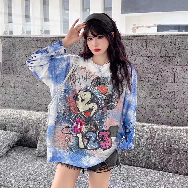 Korean Oversized Mid-Length Cartoon Tie-Dye Sweater for Trendy Girls