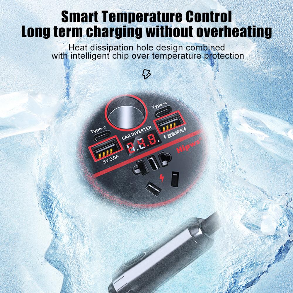 QC3.0+PD Type C Digital Vehicle Charger Quick Charge Cigarette Lighter Inverter 200W Car USB Fast Charging USB Charger Adapter Universal