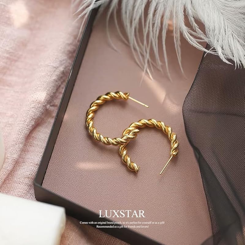 LUXSTAR Twisted Hoop Earrings Thickness 4mm Ring Earrings Big Thick Stainless Both Ears Ladies Men's South Korea Simple Brand (gold Gold, 25mm)