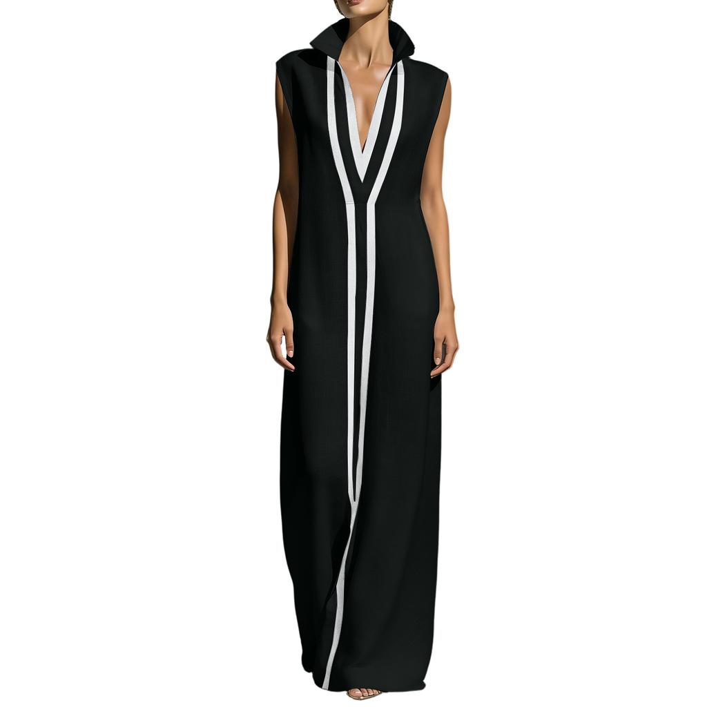 Sleeveless Maxi Dress with V Neck and Contrasting Trim Long Length Relaxed Fit for Casual or Formal Occasions