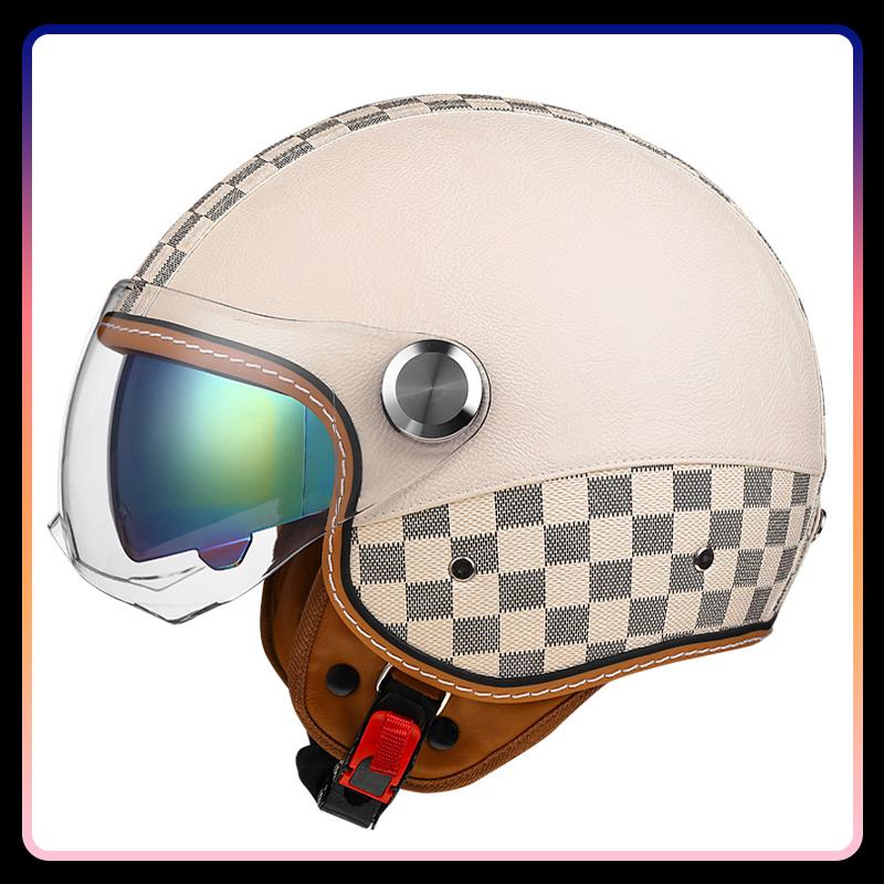 Daul Lens Open Face Motorcycle Helmets Leather Retro 3/4 Jet Moto Helmet with Double Visor Safety Riding 3/4 Half Helm DOT