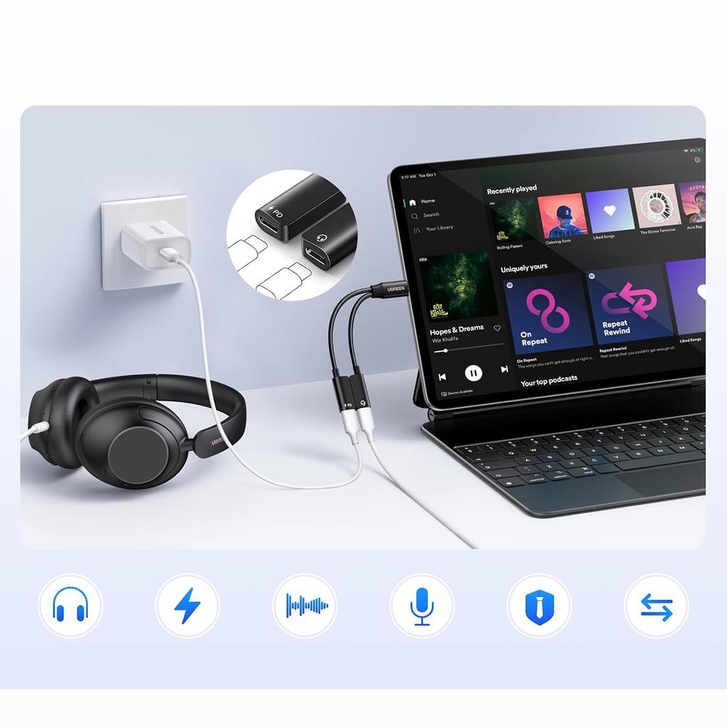Adapter Rozdzielacz Audio 2w1 USB-C Audio Ładowanie - Czarny