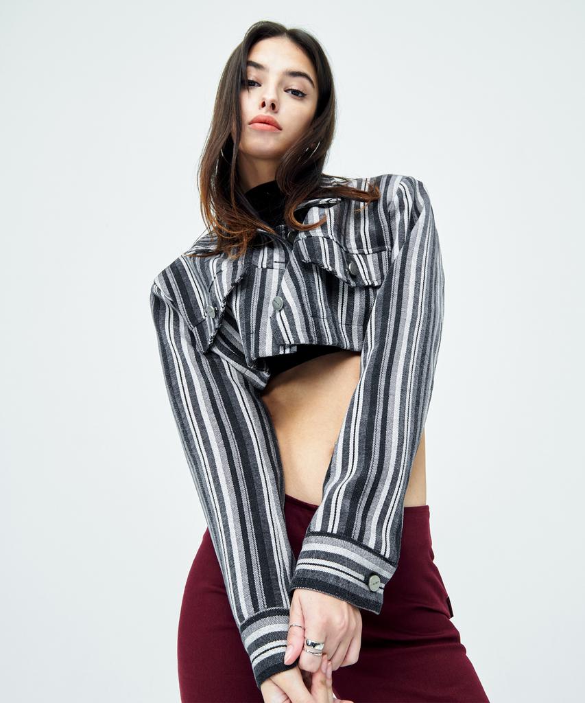 Attentionrow For Women Striped Oversized Trucker Short Jacket (Dark Gray)