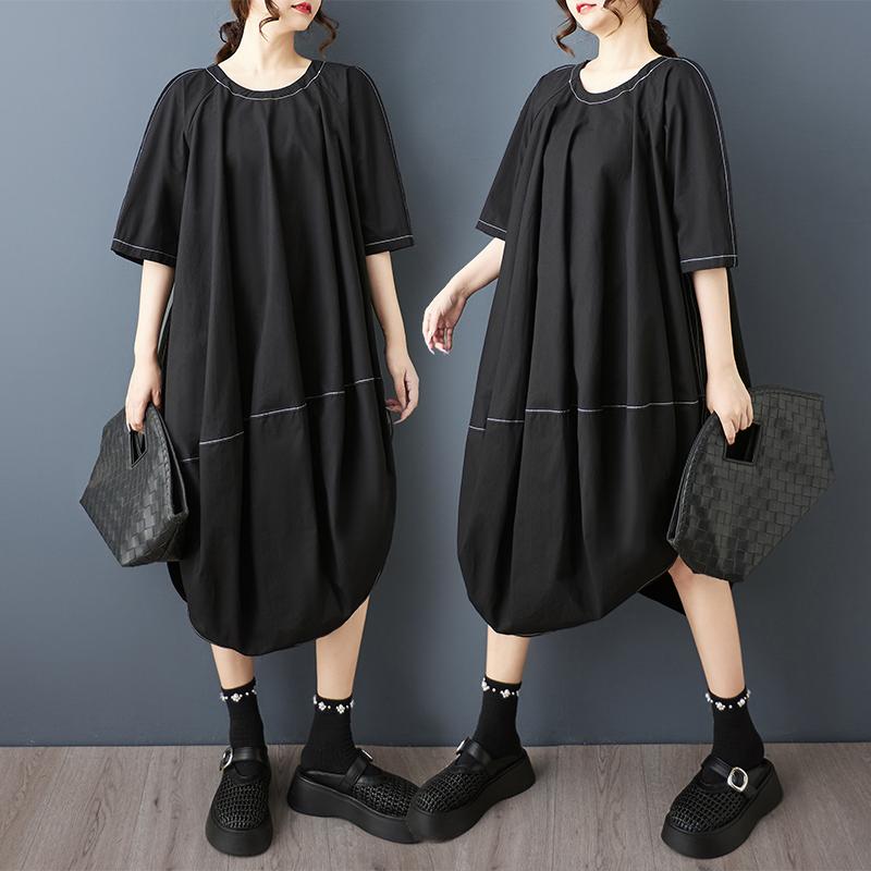 Dimanaf New 2025 Plus Size Summer Dress Women Basic O-Neck Casual Short Sleeve Dress Loose Long Dress