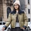Small pu leather short down cotton-padded clothes women's winter cotton-padded clothes new contrasting color warm cotton-padded jacket