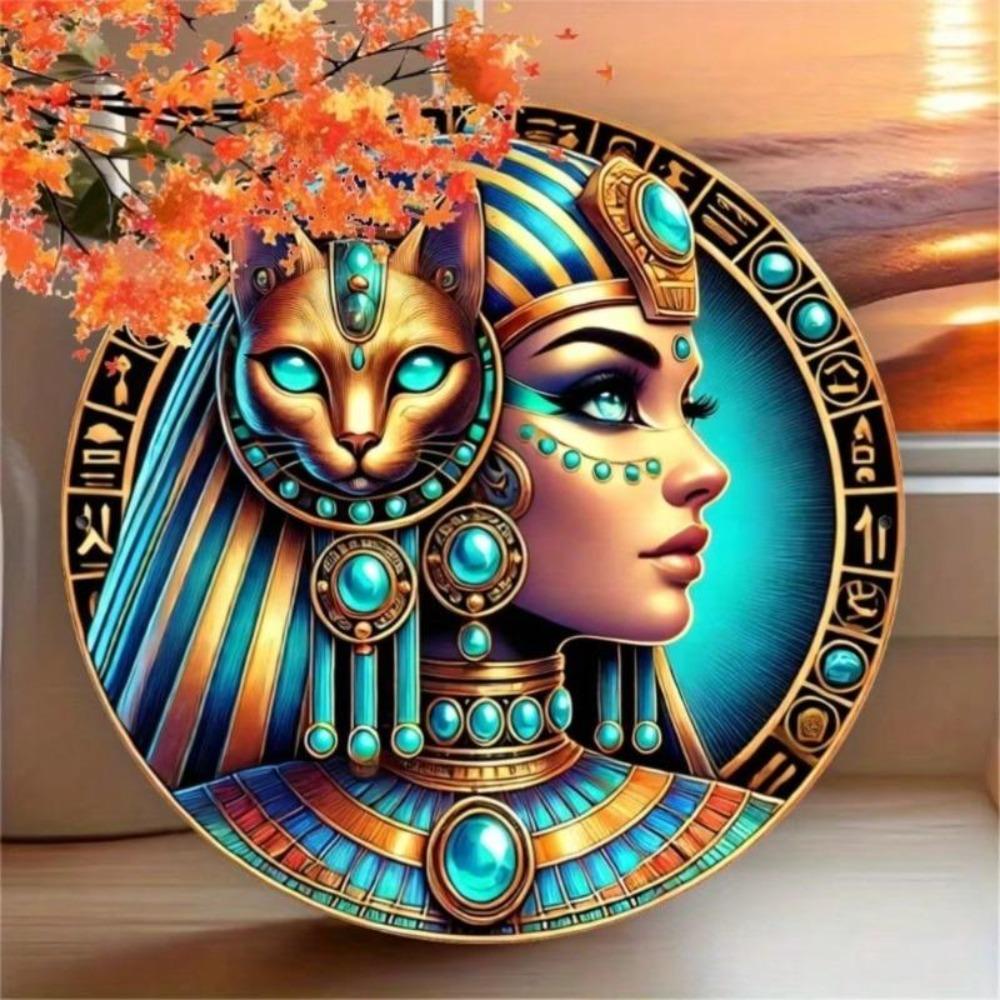 Vintage Bastet Kat Metalen Wandkunst Egyptische Godin Decoratie met Hiërogliefen