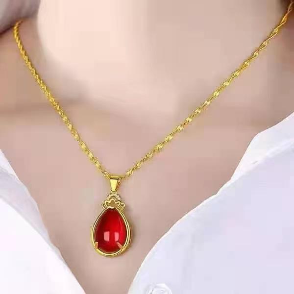 Women's Red Gold Water Drop Pendant Necklace - Elegant Water Wave Design
