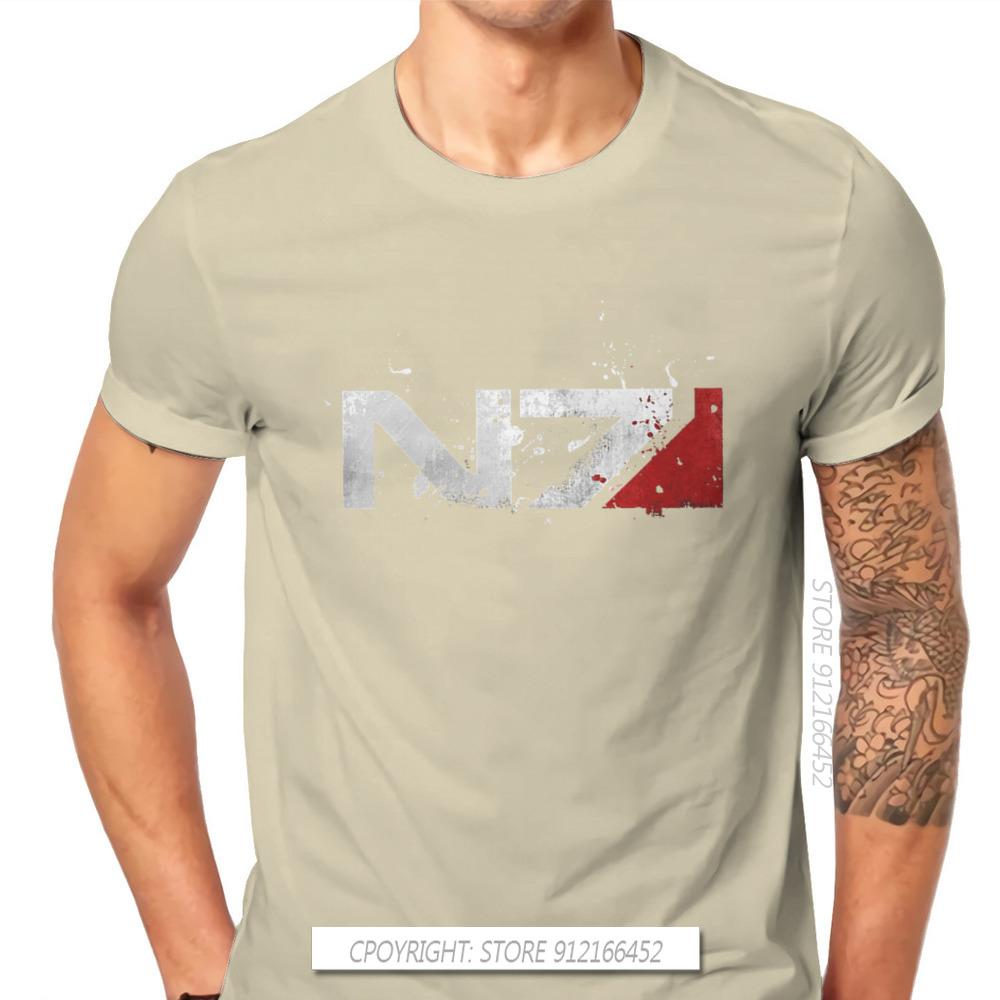 Mass Effect Spiel Distressed N7 T-shirt Klassische Alternative Hohe Qualität T-shirt Große Größe Oansatz Männer T-shirts 100% Baumwolle Tops tees 4XL beige
