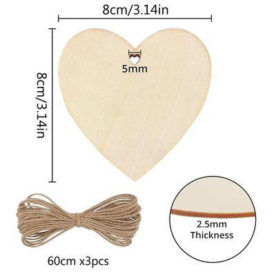 10/20/60Pcs Wood Heart Slices Unfinished DIY Crafts Wooden Blank Heart Slices with Natural Twine for Christmas Wedding Decor