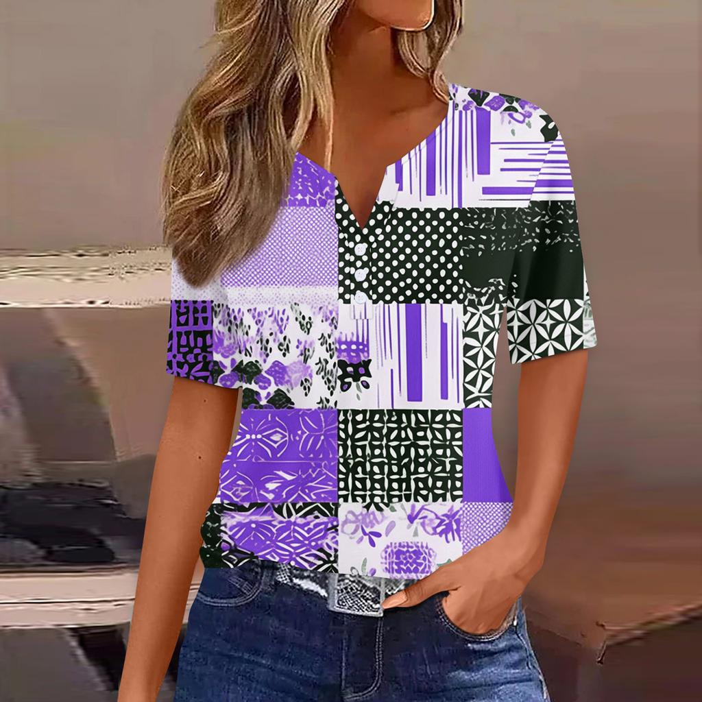 Women's T Shirt Print Button Short Sleeve Daily Weekend Fashion Basic V-Neck Regular Top