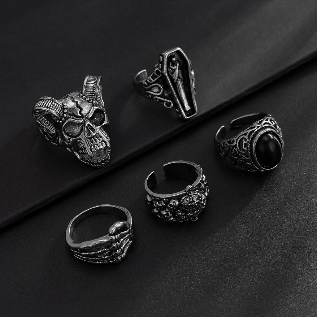 KunJoe Gothic Skull Claw Cross Ring Set for Men Vintage Silver Color Adjustable Open Rings Male Female Skeleton Spider Punk Jewelry Finger