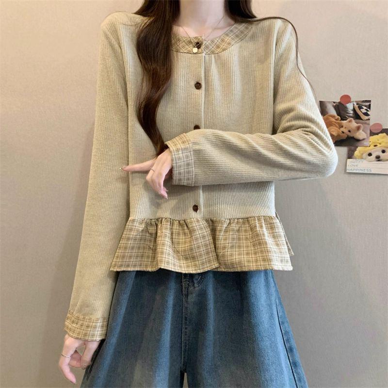 2025 Herbst/Winter Kariertes Patchwork Rüschen Langarm Cropped Top für Damen