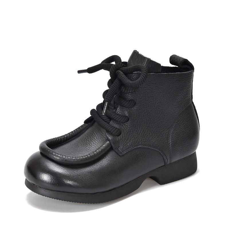 Johnature Vintage Cowhide Handmade Short Boots Genuine Leather Lace Up Round Toe Soft Soled Boots Women's Shoes