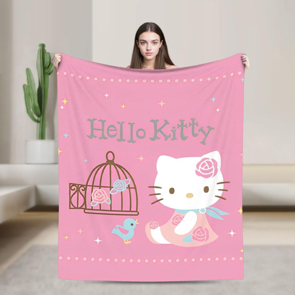 kawaii Hello Kitty Blanket Cute Cartoon Flannel Throw Blankets Home Couch Portable Lightweight Bedspreads