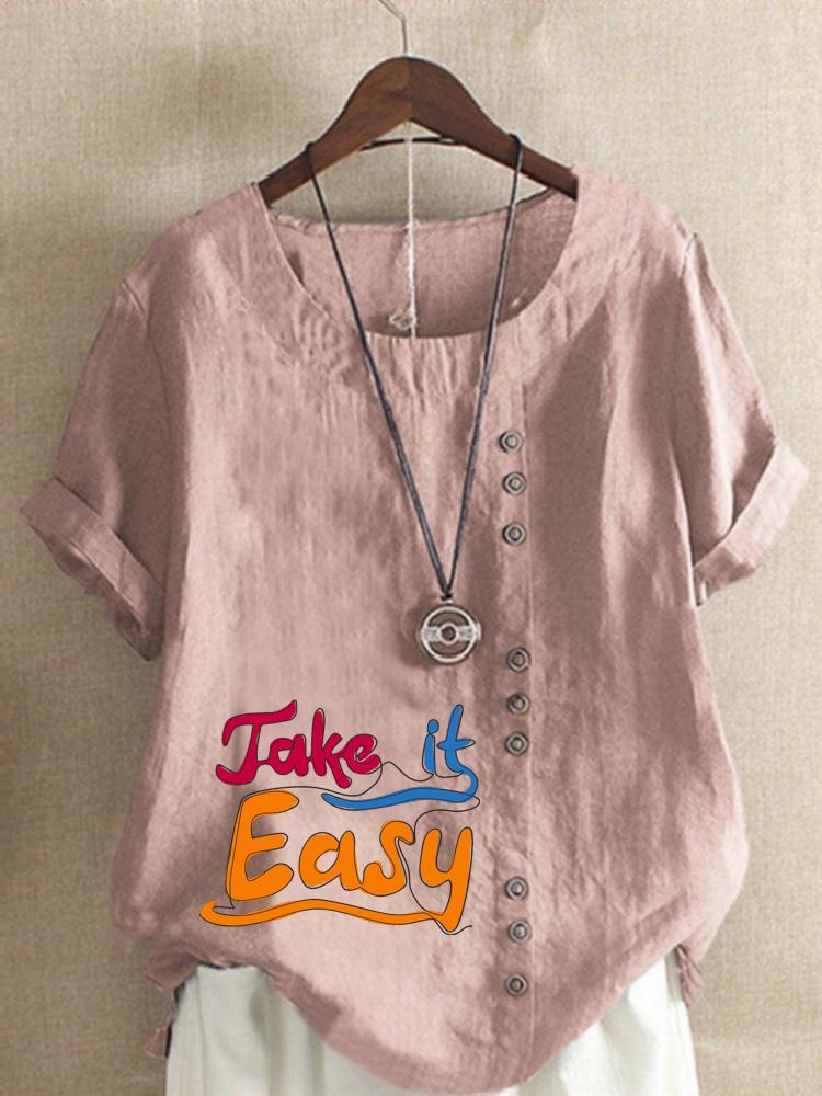 Women s Fashion Letter Print Round Neck Short Sleeve T-shirt Summer Casual Cotton Linen Graphic Shirt Leisure Loose Blouse Tops S
