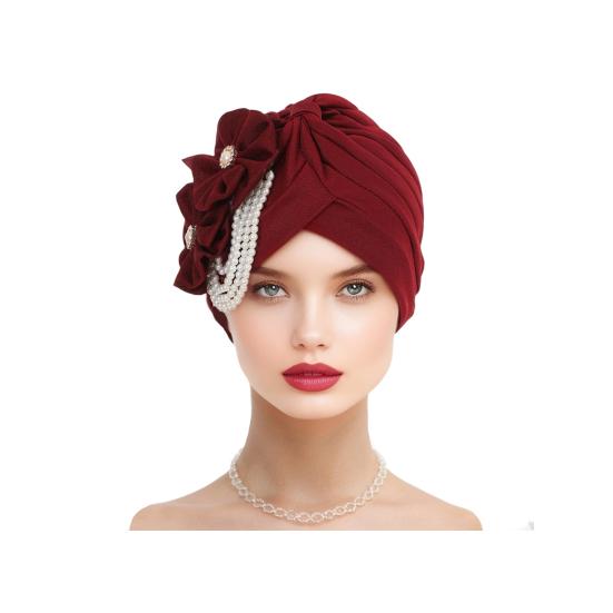 Women Headscarf Hat Imitation Pearls Flower Decor Turban Hat Solid Color Stretchable Fit Headband Sleep Hat