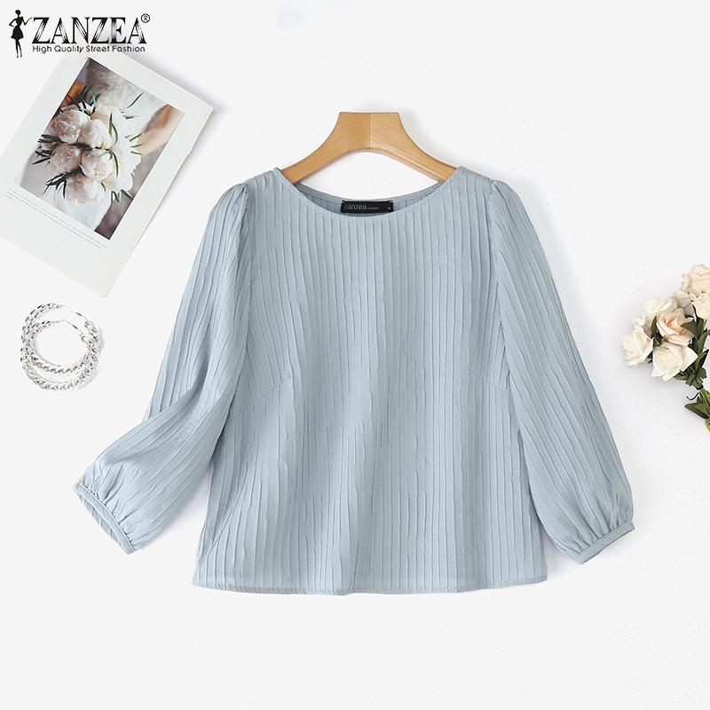 ZANZEA Women Casual O-neck 3/4 Sleeve Loose Pleated Blouse