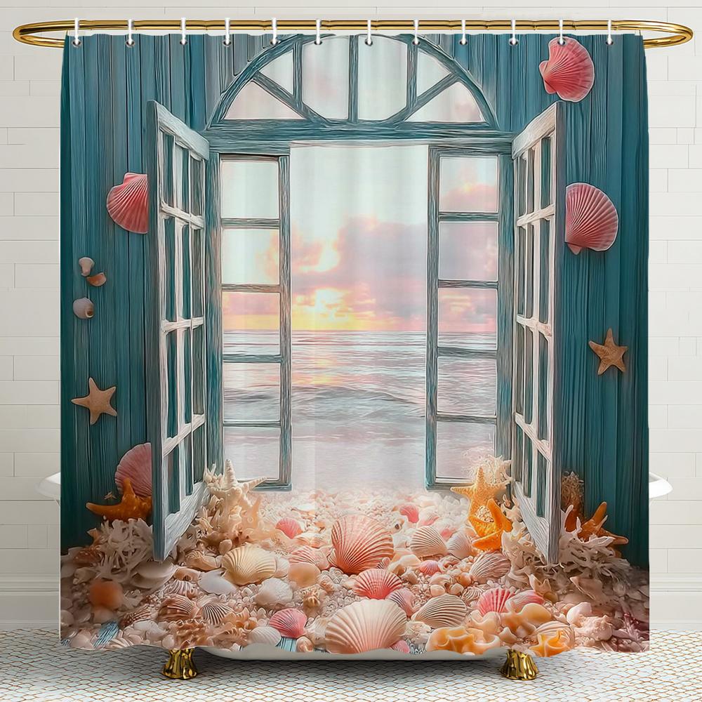 Cortina de Ducha con Paisaje de Conchas y Estrellas de Mar Fuera de la Ventana, Cortina de Ducha para Decoración de Baño, Cortina de Ducha Impresa con Ganchos
