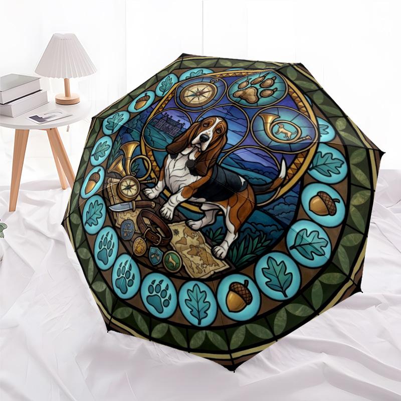 Glass Adventure Dog pattern umbrella, portable and foldable design, 8 ribs, a casual accessory for Halloween, Christmas, and birthday gifts.