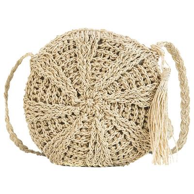 Women CrossBody Bag Round Circular Rattan Wicker Straw Woven Beach Basket Purse