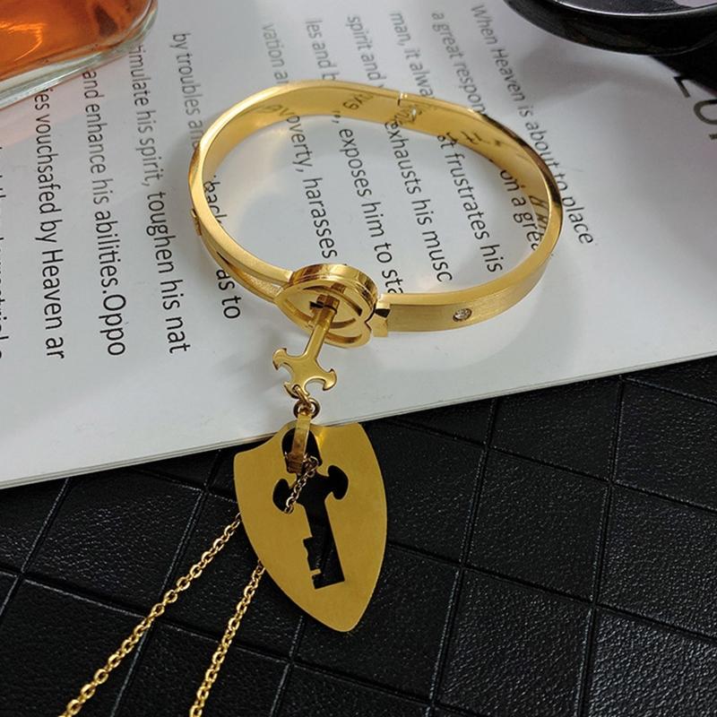 Lock Bracelet & for Key Necklace Set Heart Bangle for Men Women Couple for Titanium Steel Jewelry for Wedding Anniversar