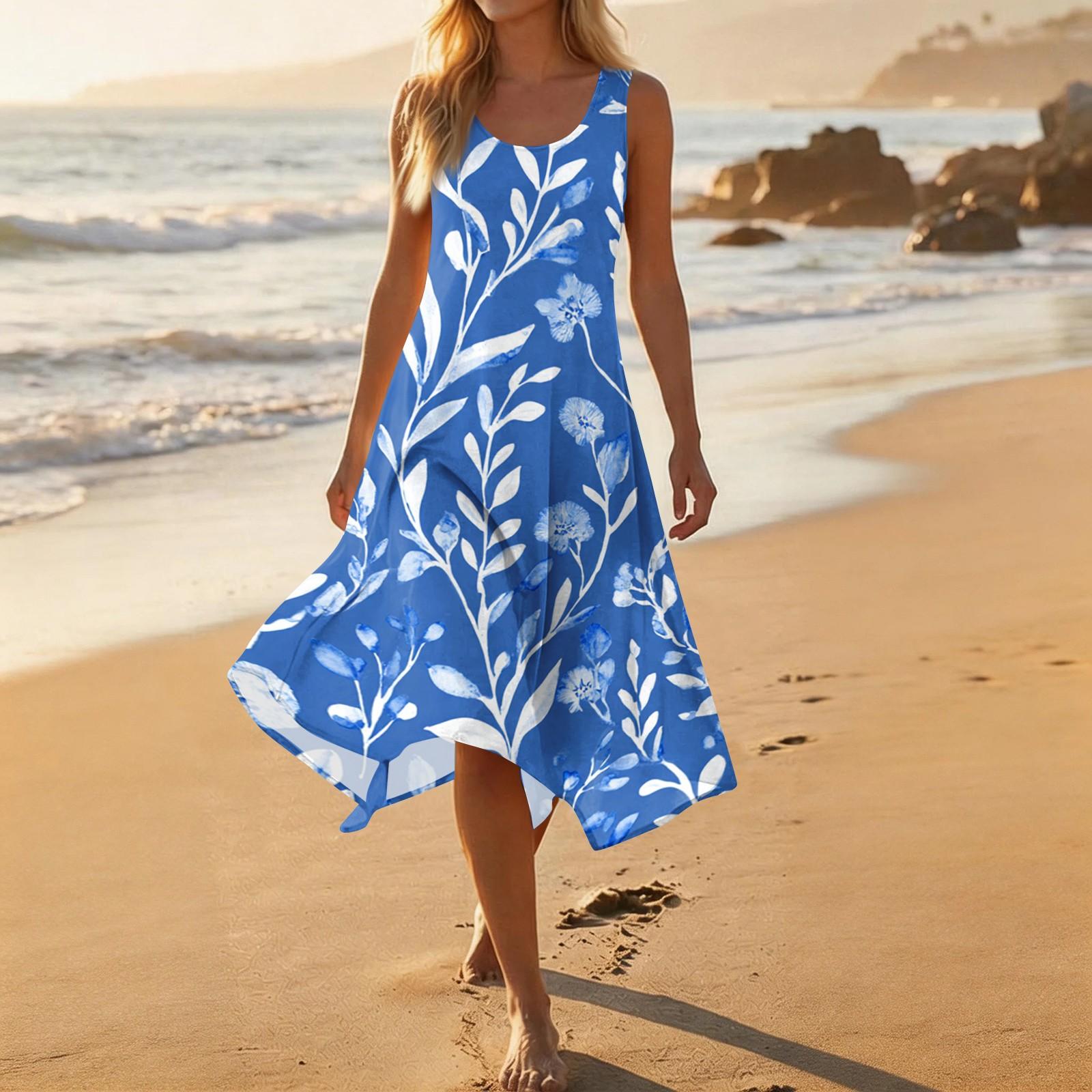 

Sleeveless Floral Print Casual Dress with Round Neck Irregular Hem Mid-Length Design Suitable for Women Summer Wear M синий