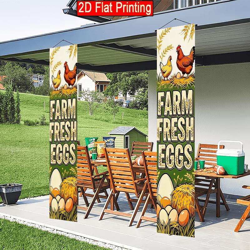 2D Flat, 2pcs 2D Flat Farm Fresh Egg Theme, 30.48X179.83 cm Polyester Door Couplet, Farm Fresh Egg Design, Suitable for Store Advertising, Outdoor and