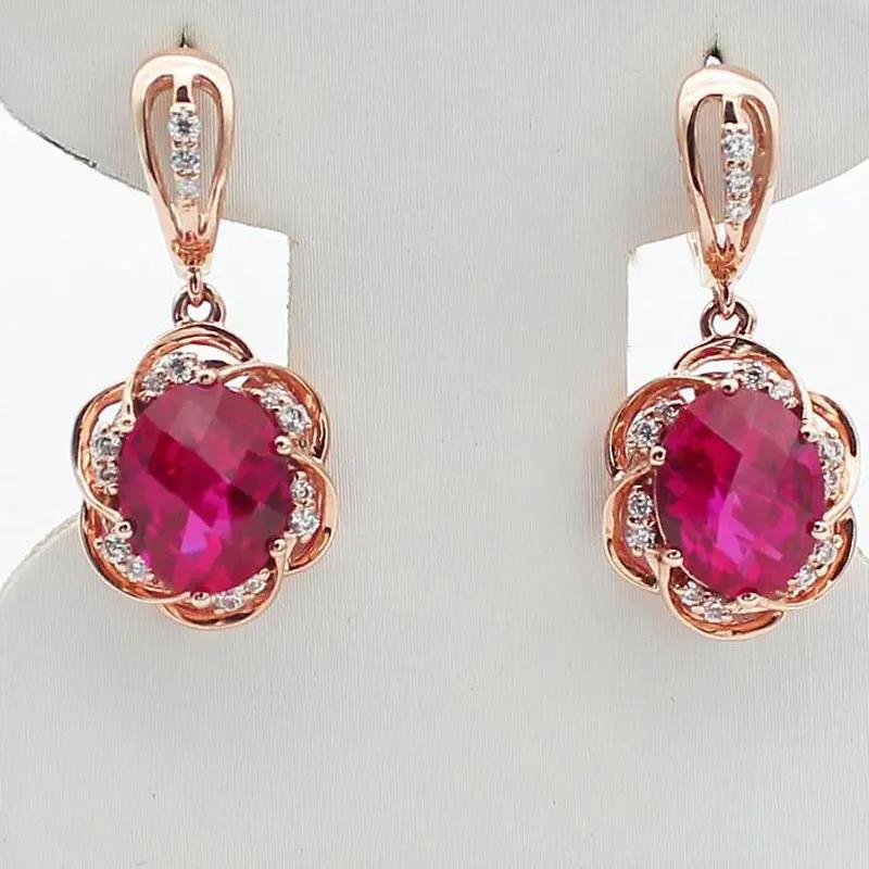 Exquises Boucles d'Oreilles Fleur Rubis de Luxe pour Femmes Plaqué Or Rose Cuivre Incrusté Ovale Mode Boucles d'Oreilles Mariage Zircon Cadeau