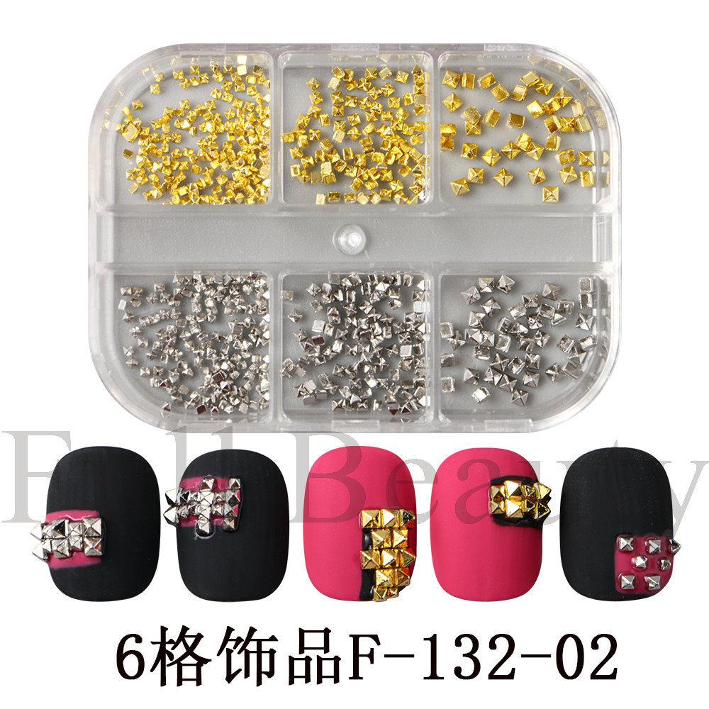 Nail Art Jewelry 6-Grid Box Black Silver Gold Square Rivet Punk Nail Jewelry
