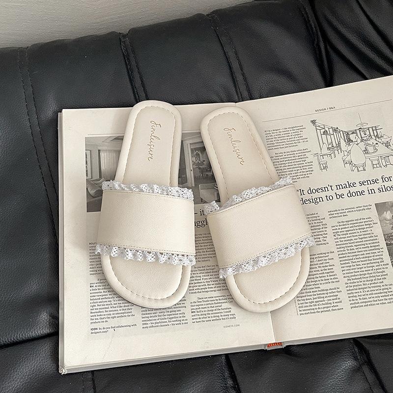 French Beautiful Lace Edge Slippers Women's 2025 Summer New Wear Beach Sandals Non-slip Home Slippers