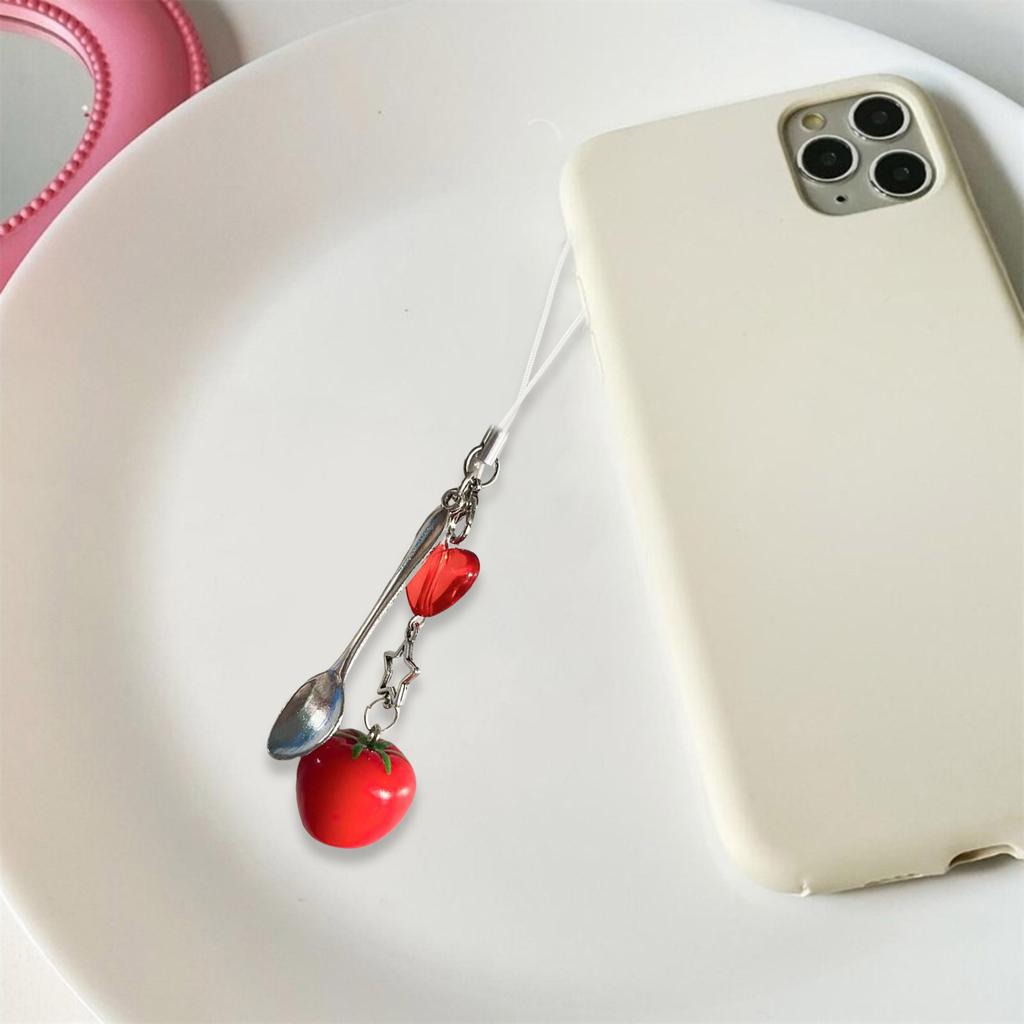 Creative Tomato/Fork/Spoon Bag Charm Colorful Resin Beaded Keychain Pendant Versatile Purse Accessory Gift for Women