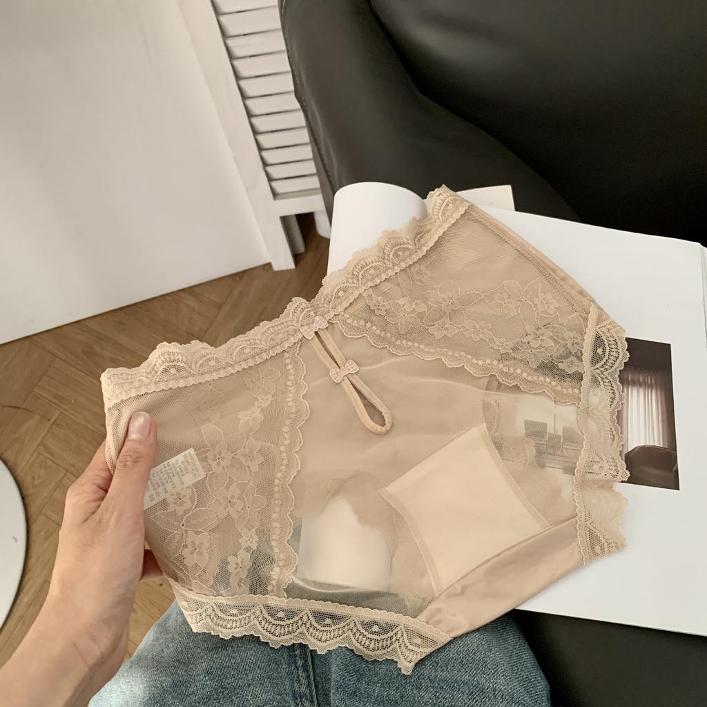 Ladies Summer Light Luxury Satin Hollow Lace Hip Ice Silk Quick Dry Middle Waist Triangle Briefs