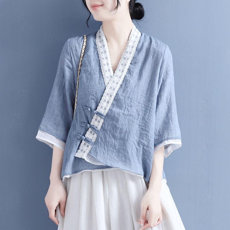 Women's Vintage Chinese Style Blouse Embroidered Loose Fit Asymmetrical Button Down Shirt Chic Spring Summer Top KK132