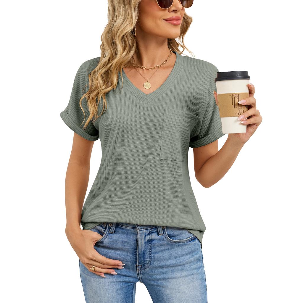 2026 Summer New Loose Women's V-Neck Waffle Pocket Short Sleeve Casual T-Shirt