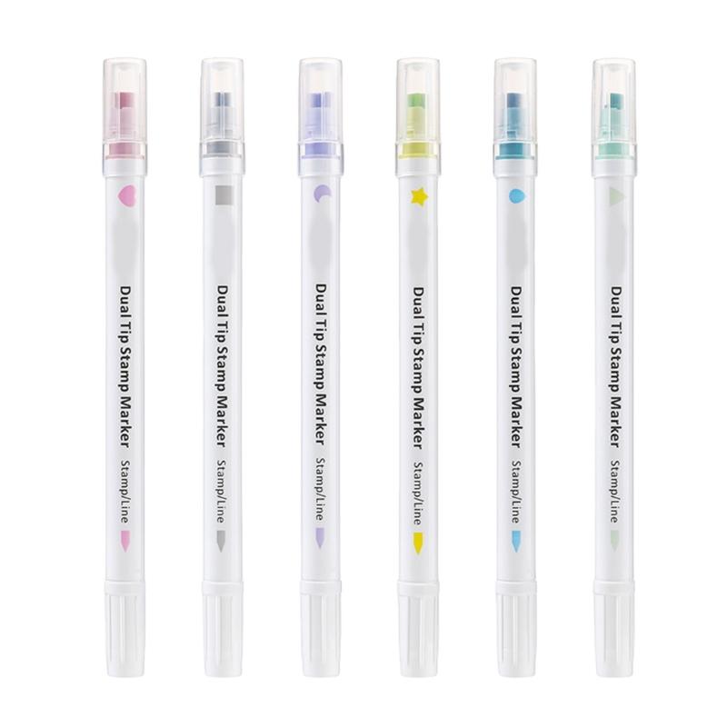 

6 шт. Двусторонние маркеры для штампинга со штампом и наконечником Fine Point для скрапбукинга, ведения журнала, планировщика, календаря, изготовления открыток 1