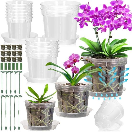 12 Pcs Plastic Orchid Pots With Holes, 4, 5, 6 Inch Clear Orchid Pots For Repotting With Saucers Drainage And Plant Stakes, Large Small Breathable