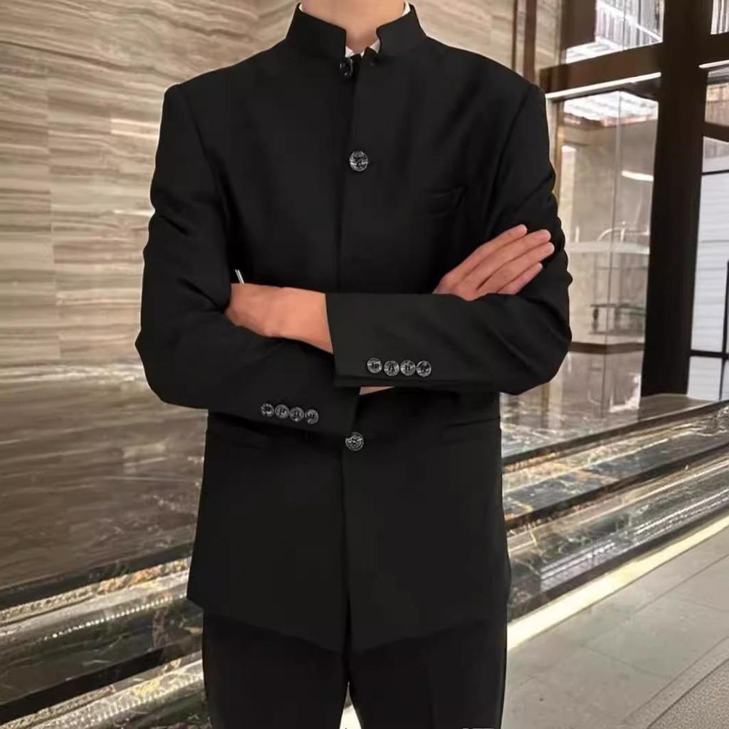 Men's Business Casual Stand Collar Solid Color Tang Suit Jacket