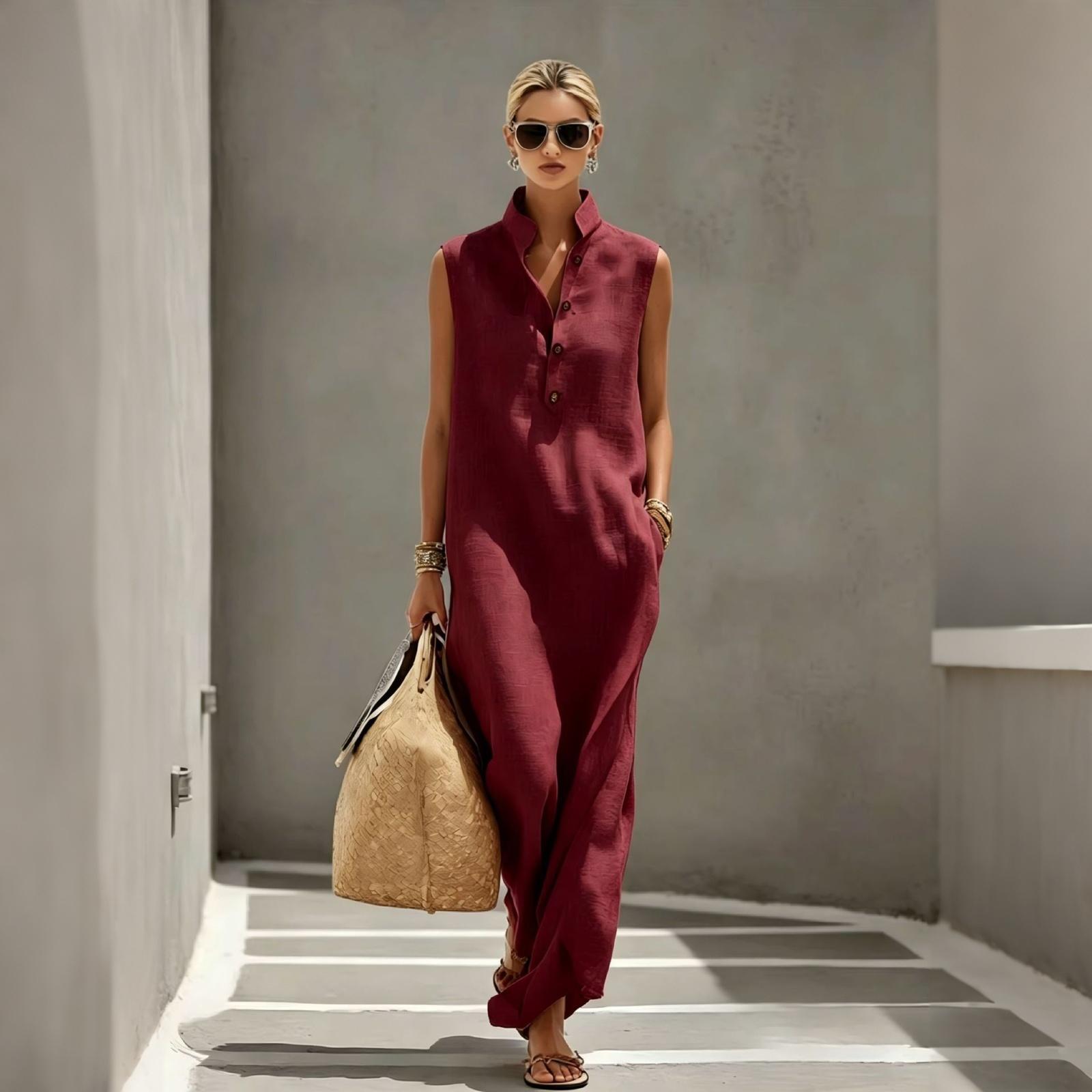 Women Sleeveless Stand Collar Button Down Loose Fit Long Dress Casual Relaxed Style Lightweight Material for Daily Wear S винный