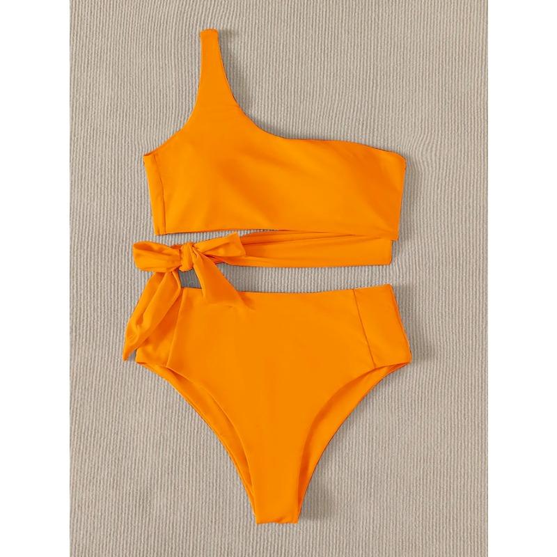 Skinny suspender bikini resort island bright swimsuit with one shoulder