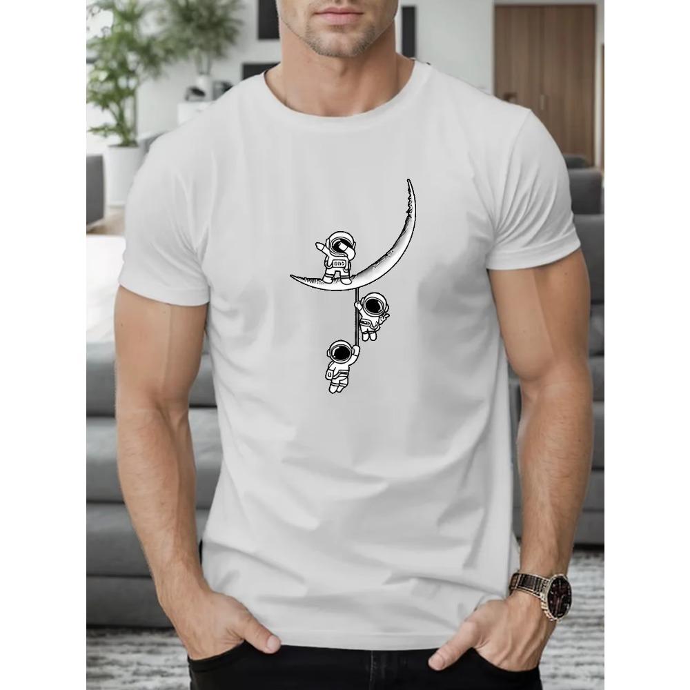 Astronauts On The Moon Print T Shirt, Tees For Men, Casual Short Sleeve T-shirt For Summer