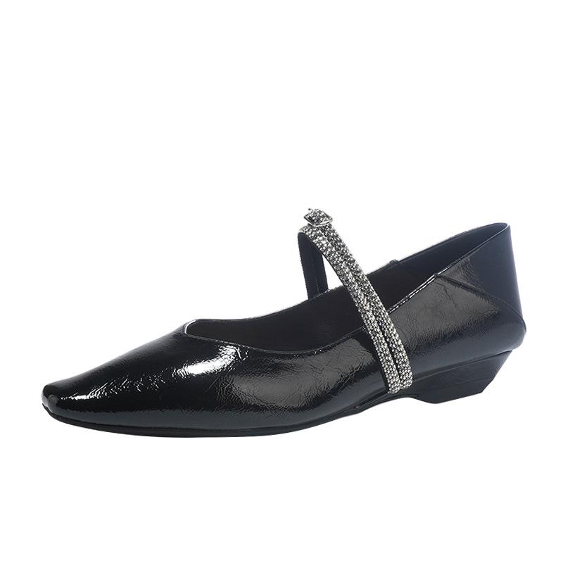 Shiny Rhinestone Word with Wedge Heel Small Square Head Flat Shoes Women's Single Shoes Fairy Wind Can Be Worn with Two Heels